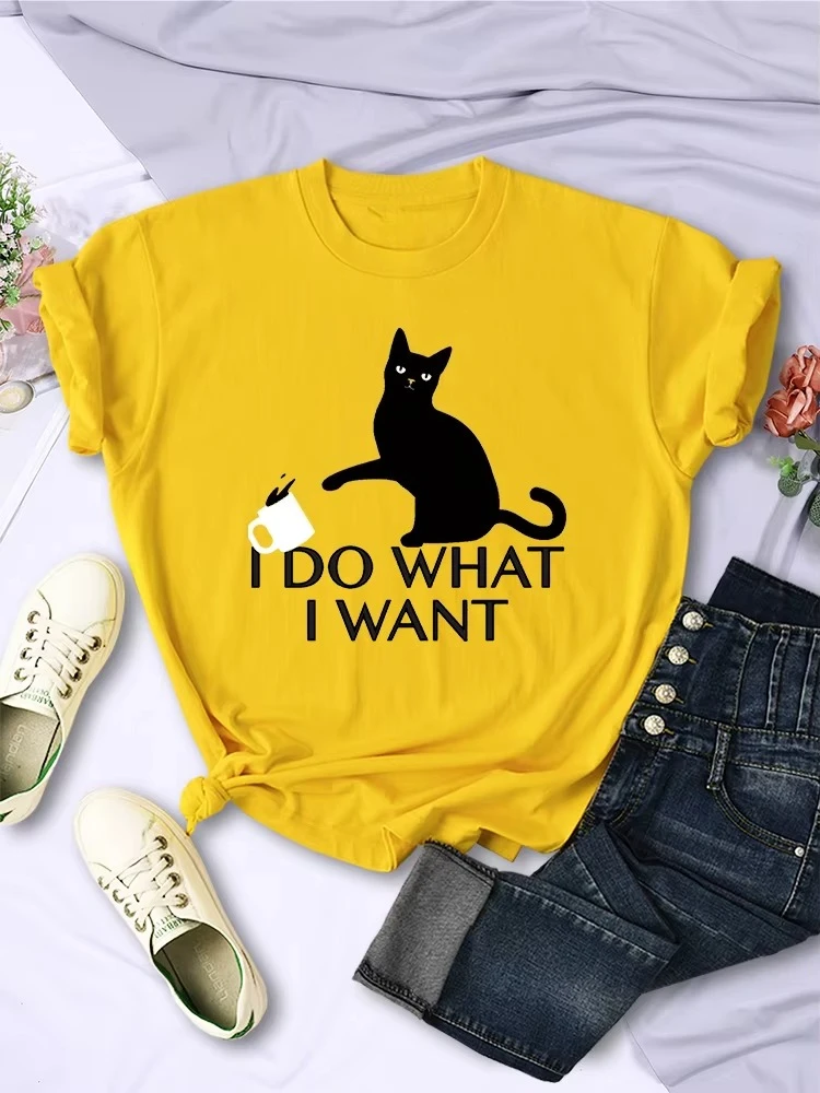 تي شيرت نسائي على شكل قطة سوداء أفعل ما أريده تي شيرت نسائي أنيق إبداعي بأكمام قصيرة عتيق ملابس نسائية غير رسمية قابلة للتنفس