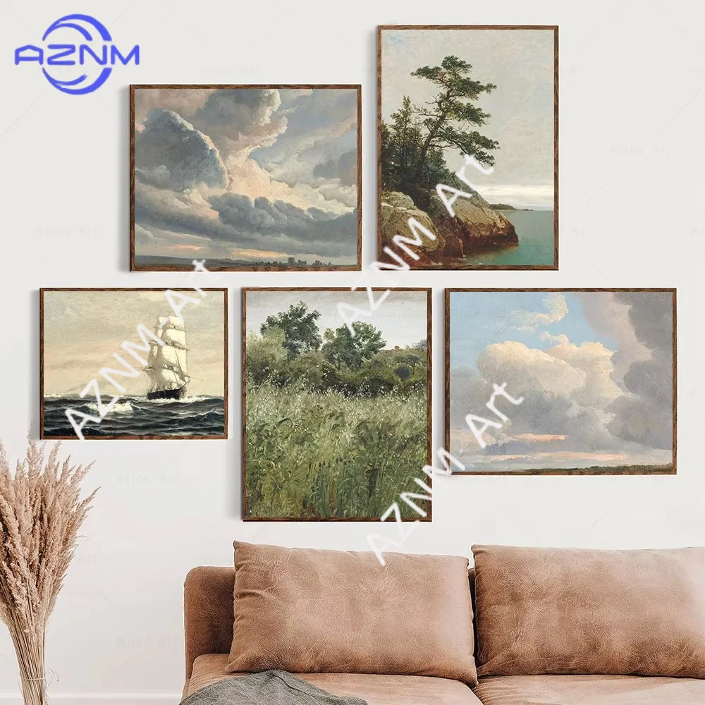 1PC Painting Landscape Canvas Poster Clouds Flower Country Boat Gallery Wall Art Print Retro Green Tone Farmhouse Decor