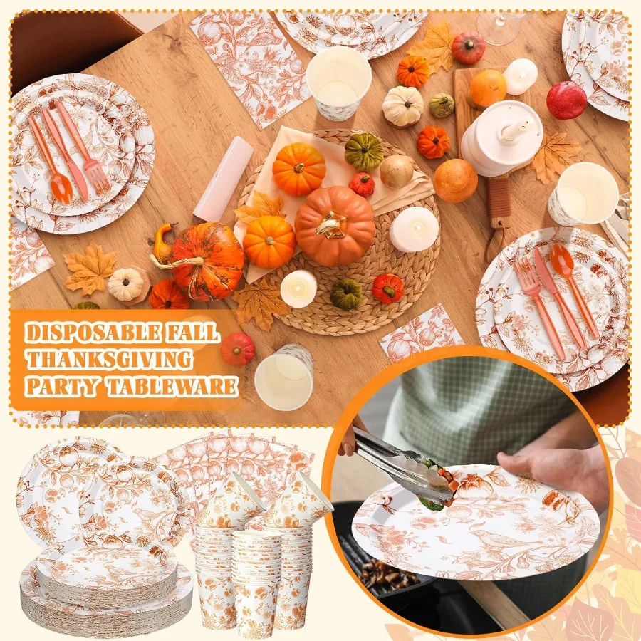 Juego de vajilla desechable de 400 Uds para suministros de fiesta de otoño con temática otoñal, que incluyen platos de papel, servilletas, tazas, cuchillos y cucharas f