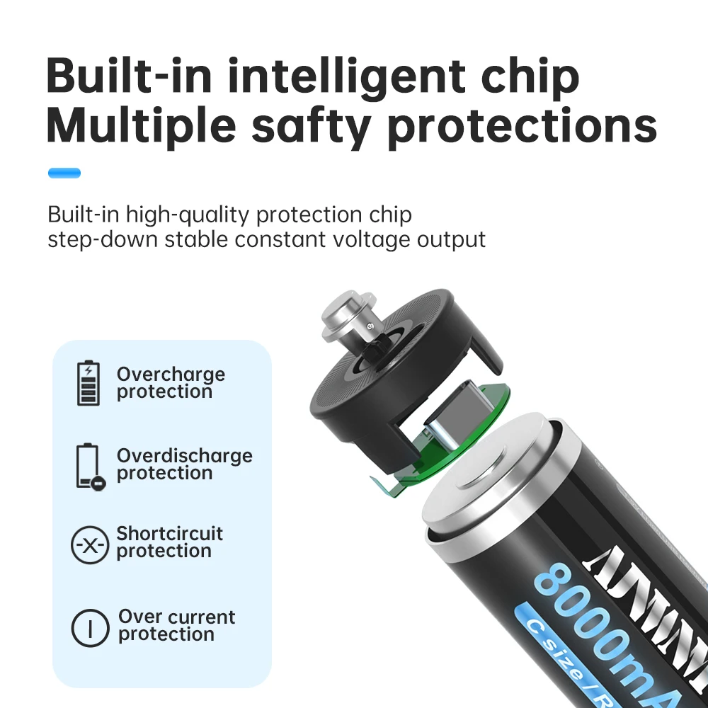 AJNWNM C Size LR14 C Cell Rechargeable Battery R14 8000mAh 1.5v Li-Ion Batteries for Flashlight Gas Cooker+USB Type-C Cable