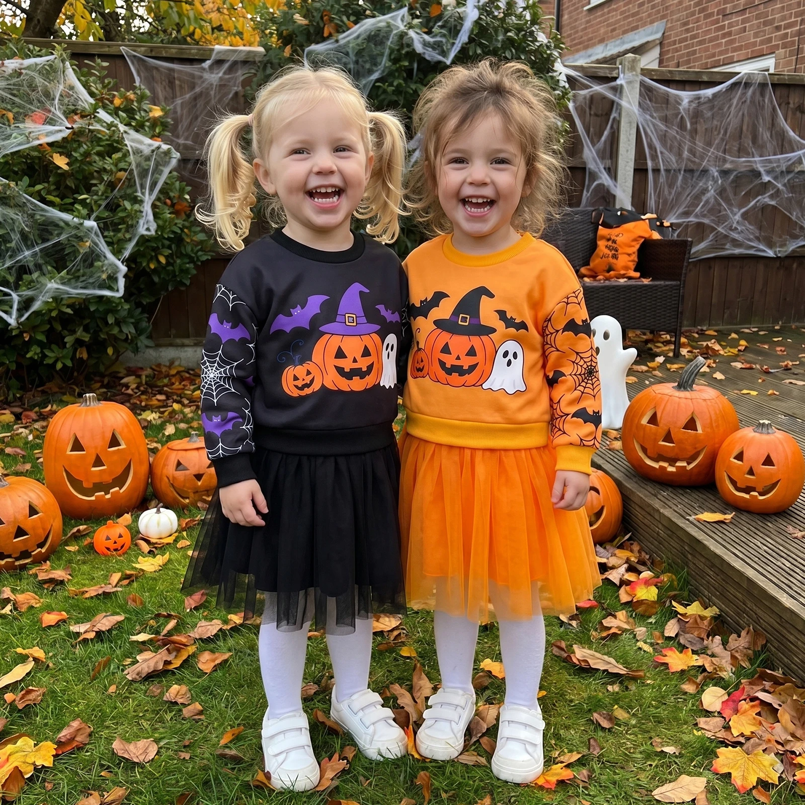 1-6Y Toddler Baby Girls Halloween Patchwork Dress Costume Fashion Pumpkin Ghost Print Long Sleeve Sweatshirt Tulle Mesh Dress
