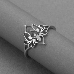 Exquisite Art Line Filigree Lotus Flower Couple Ring Buddha Lotus Rings for Women Stainless Steel Vintage Hollow Flower Jewelry