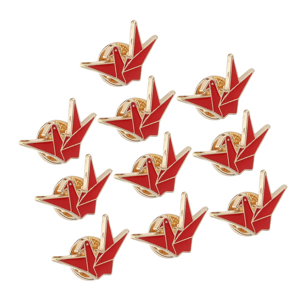 10 Pcs Cartoon Brooch Pins Aesthetic Cosplay Red Alloy Decorative Broach Crane Origami Flower