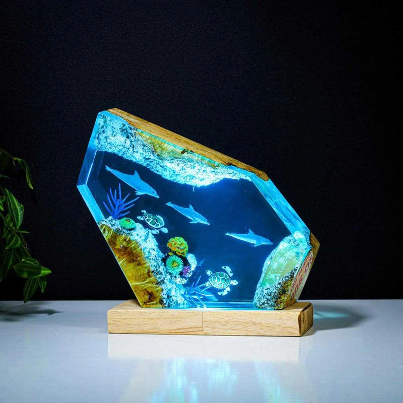 Luz de mesa de resina com organismo mundial do fundo do mar, arte criativa, decoração, lâmpada, golfinhos, tartarugas marinhas, tema, luz noturna, carga usb