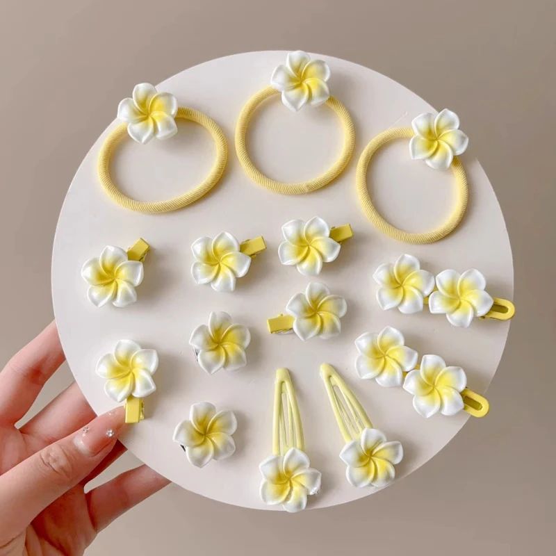 2/5Pcs Cute Yellow Flower Frangipani Hair Clips Pink Sakura BB Side Clip High Elasticity Hair Rope Hair Accessories Headdress