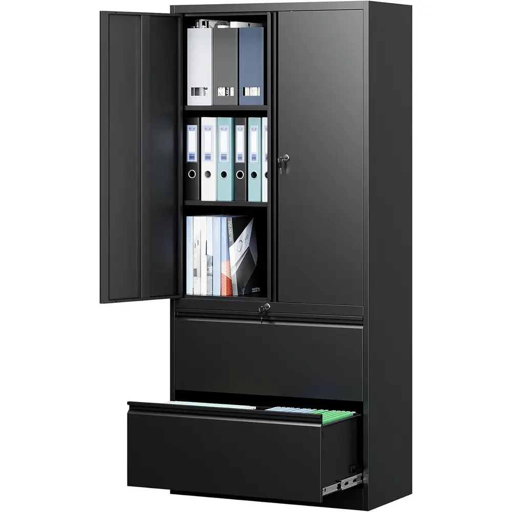 Adjustable Shelf Metal Storage Cabinet with Lock, 2 Drawers for Legal/Letter/A4 Size Files - Black