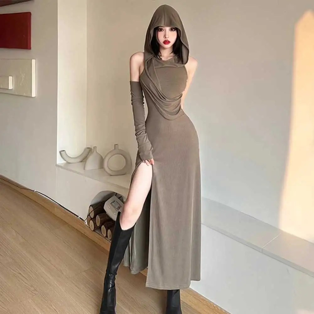 

European Style Sexy Hooded Dress Women's Summer Casual Split Sleeve Design Sense Side Slit Long Skirt