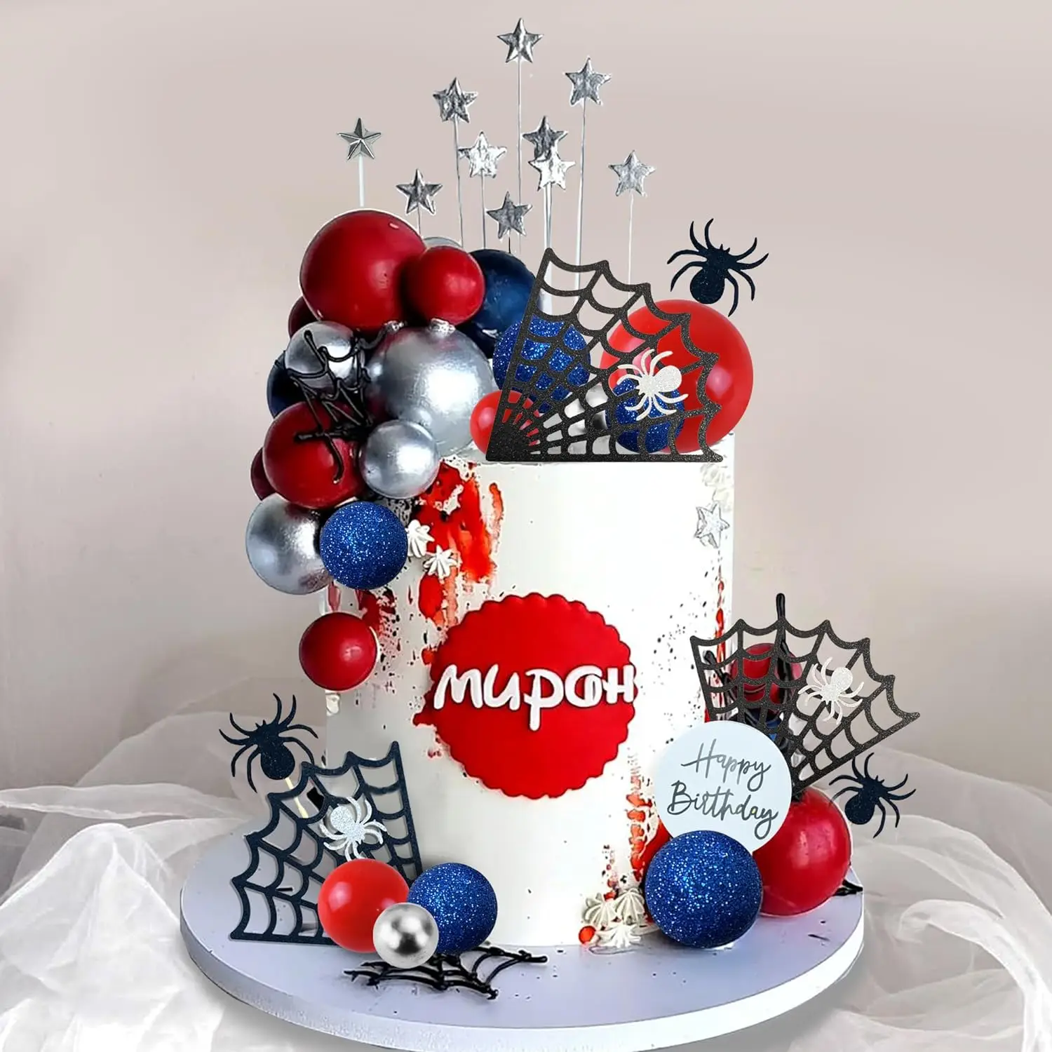 Spider Theme Cake Decor Glitter Spider Birthday Toppers Star Red Silver Blue Balls Cupcake Topper for Boys Men Baby Shower Party