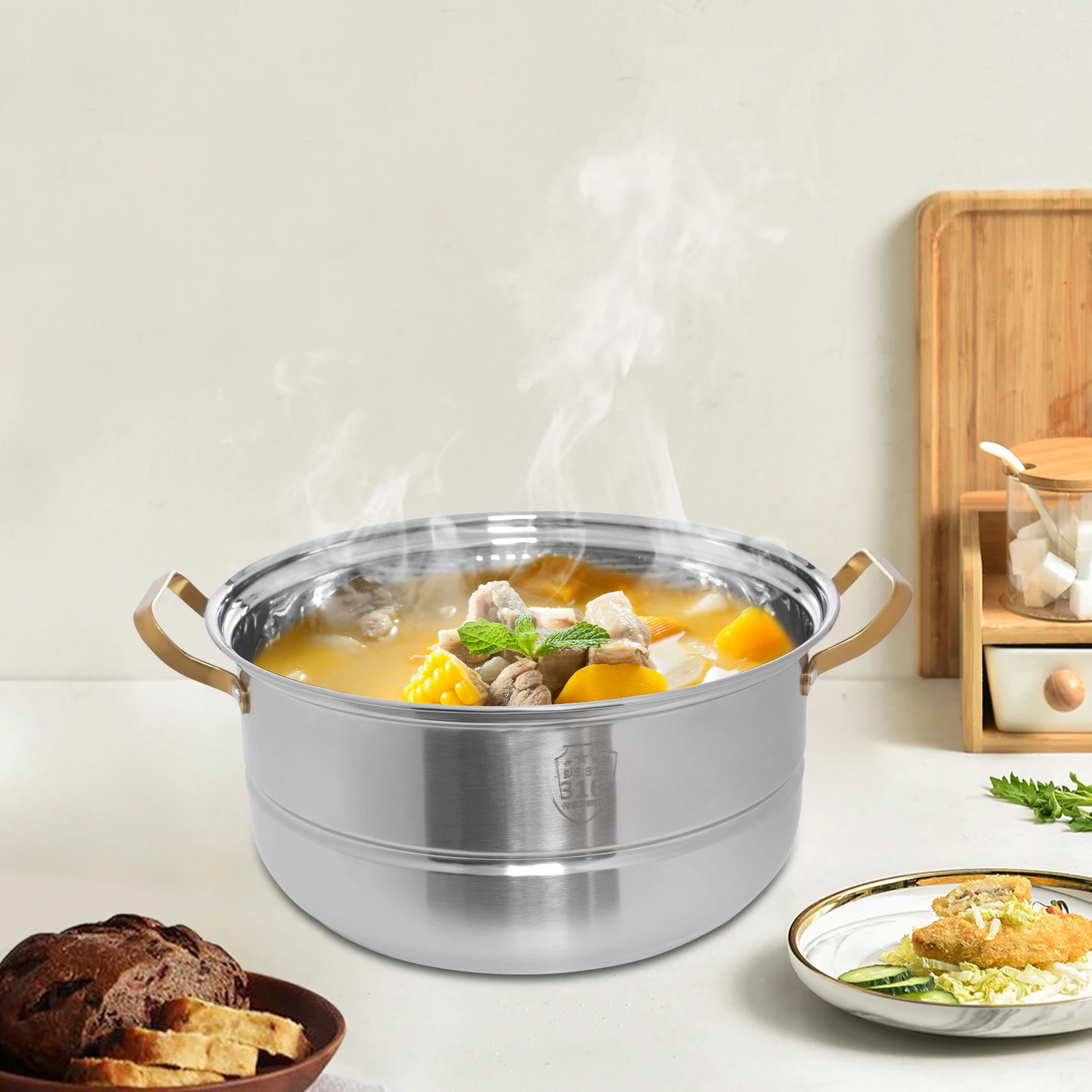 Juego de olla de vapor de 3 niveles, utensilios de cocina de acero inoxidable, olla caliente