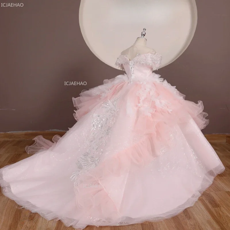 Fashion Show Pink Girls Princess Party Dress with Long Train for Children Birthday Piano PerformancePageant Formal Gown Clothes