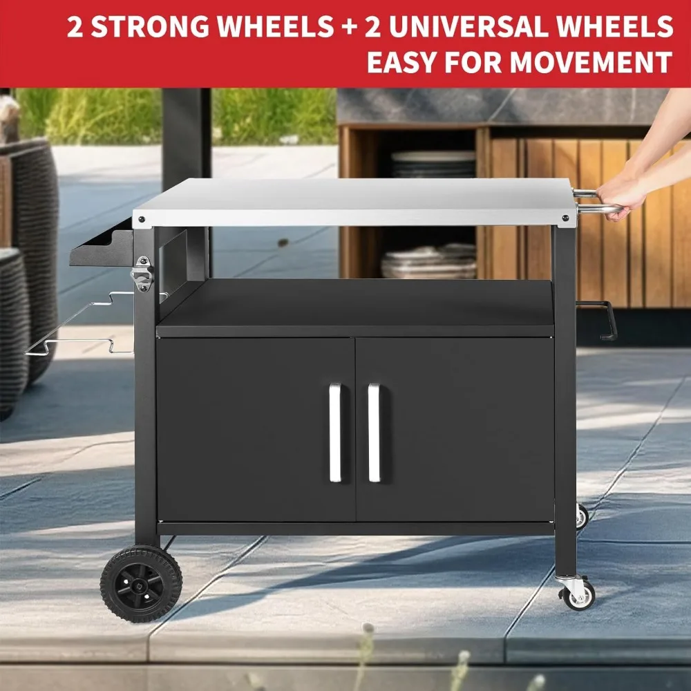 Grill Cart Table with Big Storage Cabinet, Movable Outdoor Dining Cart Pizza Oven Stand, Kitchen Cart Island Multifunction Food