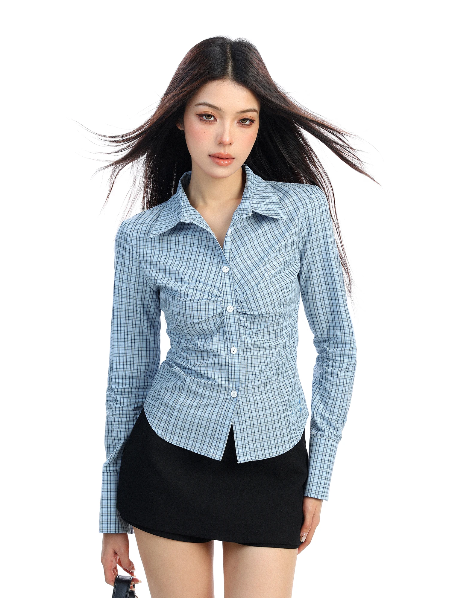 

Женская приталенная рубашка Slim Fit в корейском стиле с плиссированной талией, утягивающая, с клетчатым принтом, весна-осень, модная