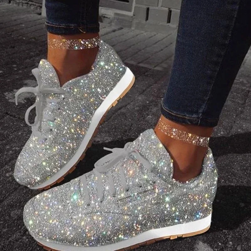 2024 Women Flat Glitter Sneakers Casual Bling Vulcanized Shoes Women Mesh Lace Up Platform Plus Size Fashion Outdoor Woman Shoes