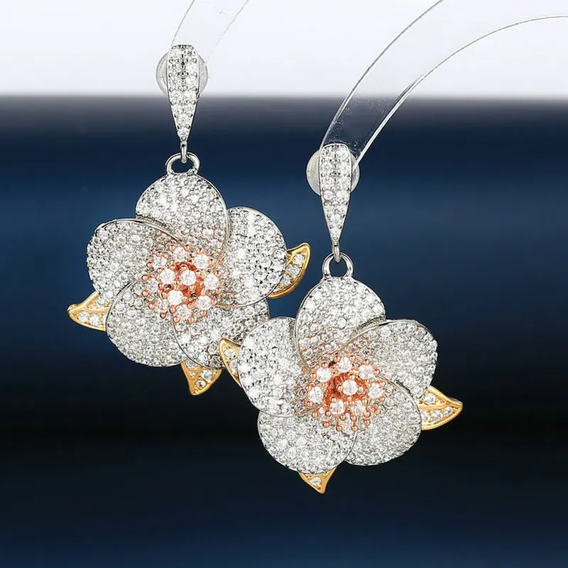 

1pair Fully-Jewelled Cubic Flower Shaped Earring Drop Elegant Luxury Earring Fashion Jewelry for Woman Gift