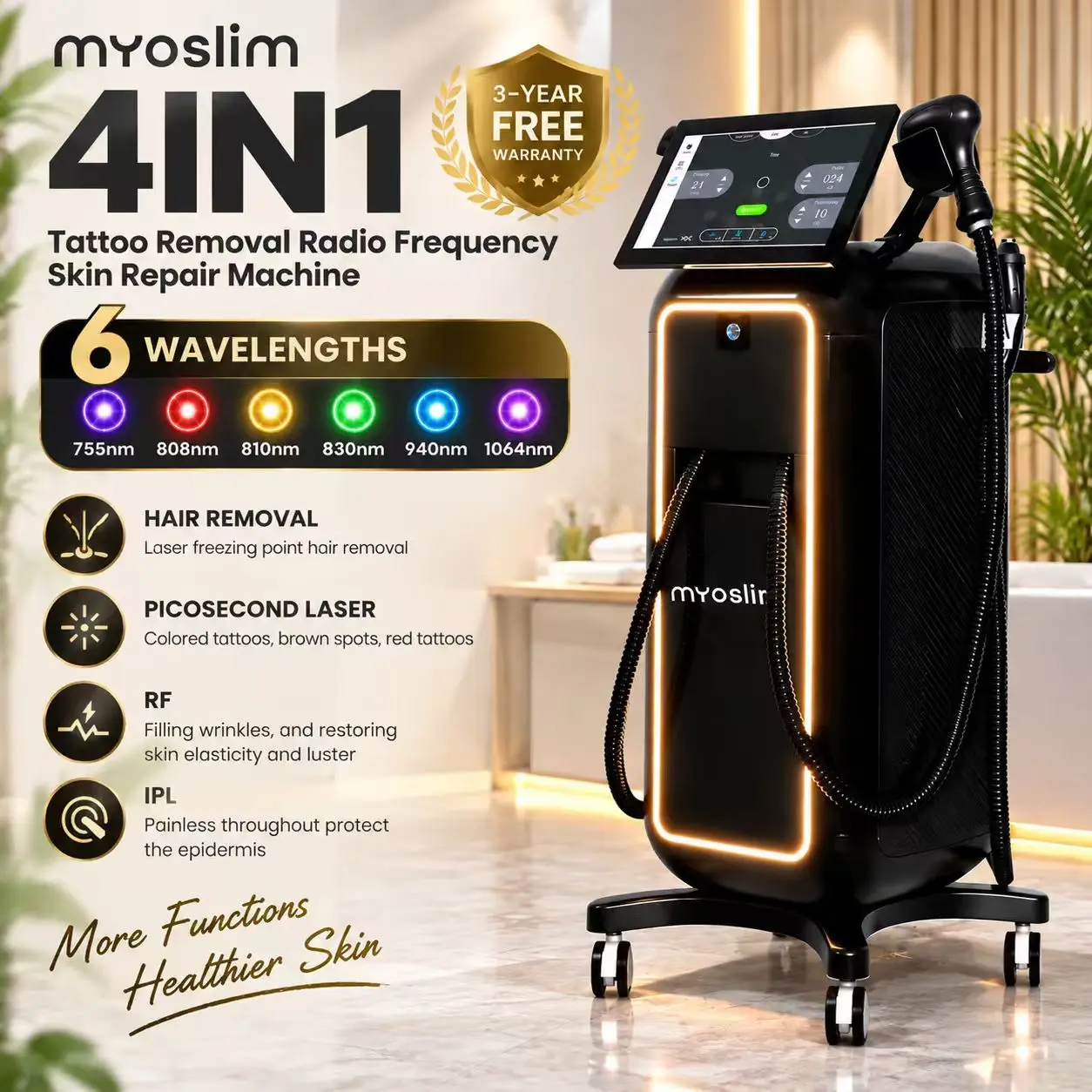 Black Soprano 4‑in‑1 Multifunctional Beauty Machine, RF IPL Picosecond Tattoo Removal 808nm Diode Laser Hair Removal Equipment