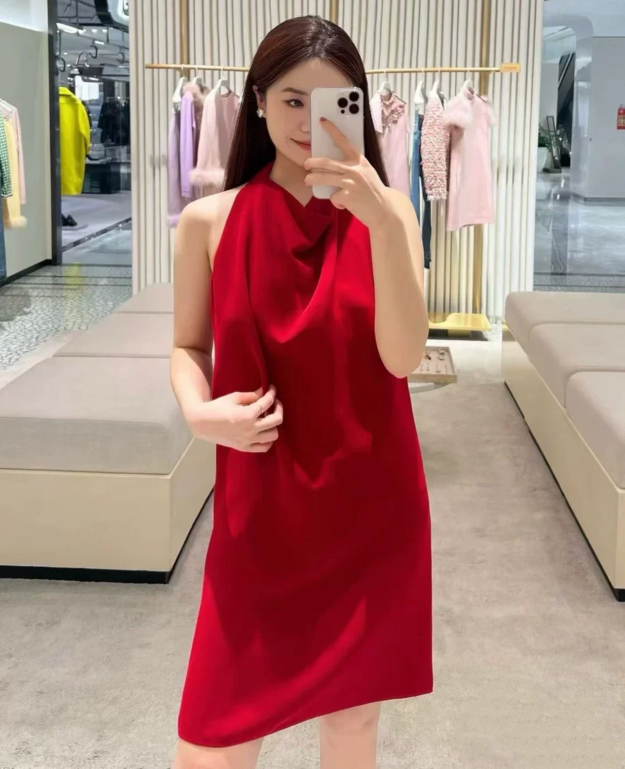 Luxury Women 100% Silk Halter Mini Dress Cowl Back Sleeveless Elegant Red Party Dress