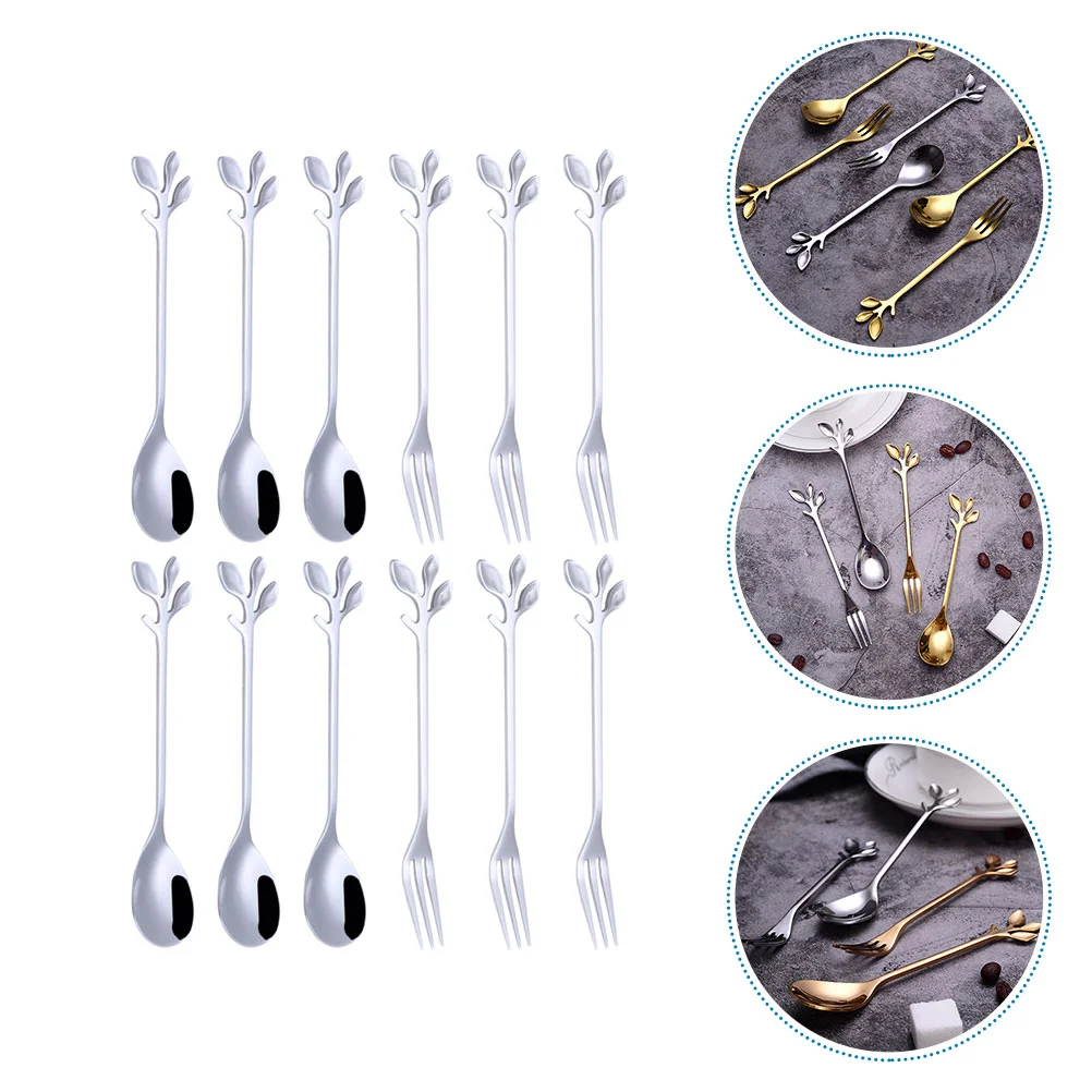

12 Pcs Condiments Spoon Dessert Stainless Steel Leaf Coffee Silverware Spoons and Forks Cutlery