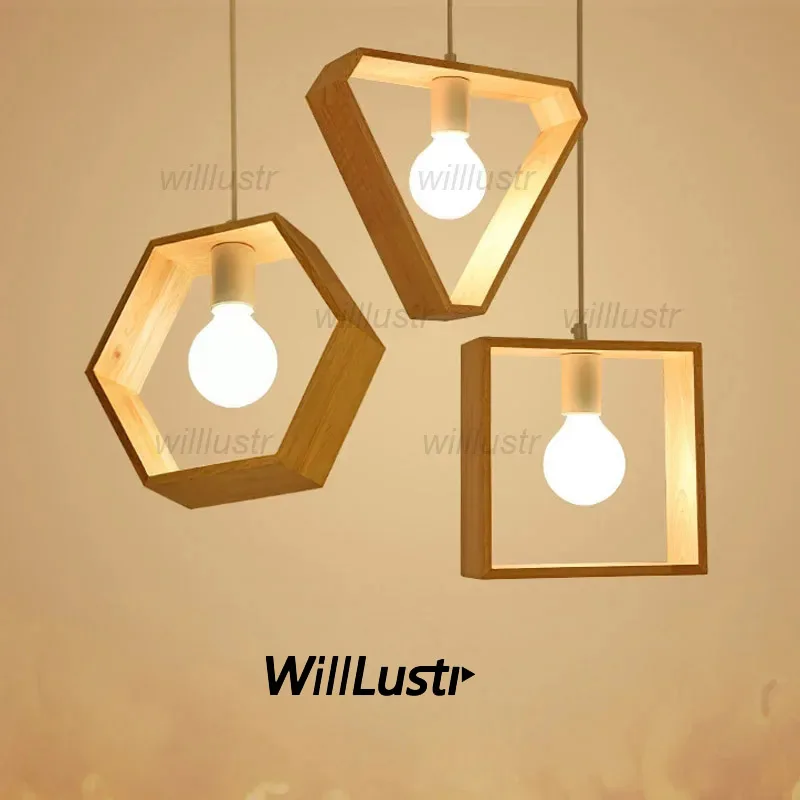 Solid Wood Geometric Pendant Lamp Suspension Light Hotel Cafe Bar Dining Room Shop Wooden Hanging Ceiling Chandelier