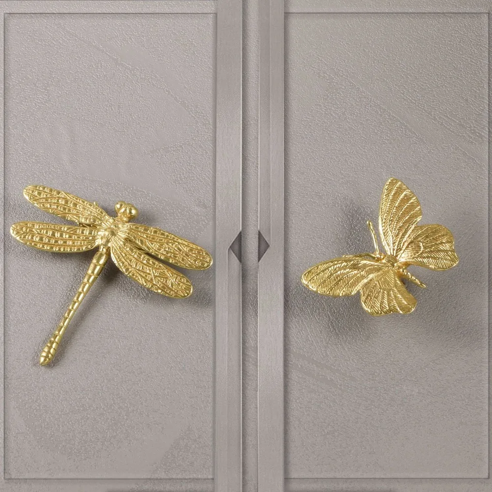 Retro Butterfly/Dragonfly Brass Handle Furniture Hardware Single Hole Cabinet Door Knobs Gold Vintage Wardrobe Drawer Pulls