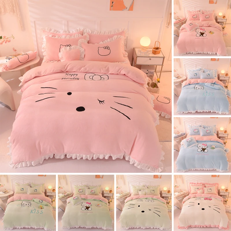 Sanrio Hello Kitty Winter Warm Flannel Bedding Set Double Sided Velvet Duvet Cover Pillowcase Queen Size Flat Sheet Home Textile