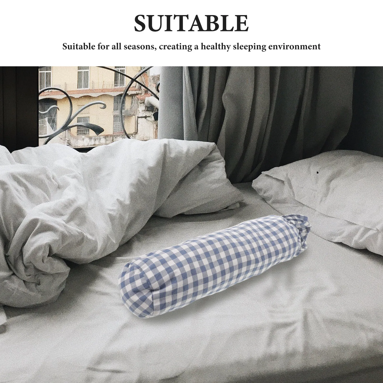 Cotton Neck Roll Pillow Cover Round Cylinder Pillowcase 15.8x4in Soft Breathable Checked Pillow Cushion Cover Bedroom Sofa Blue