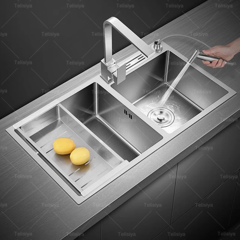 Fregadero de cocina de acero inoxidable 304, lavabo bajo encimera con doble ranura para apartamento, lavabos plateados para lavavajillas