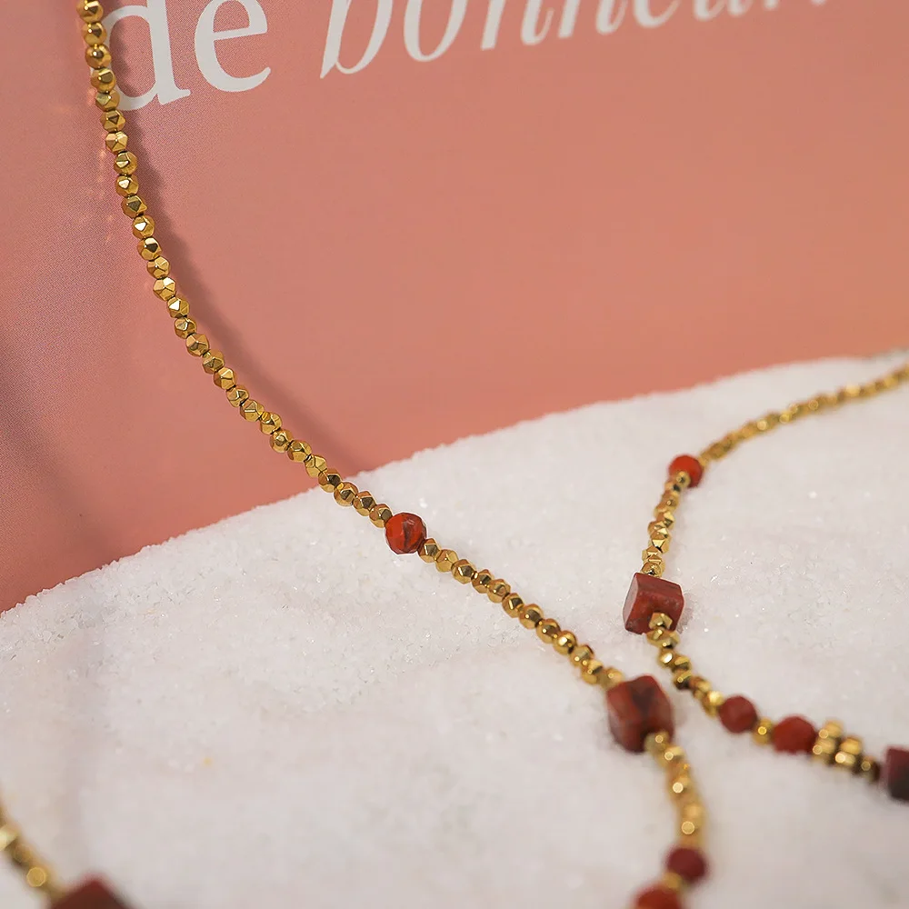 Red Natural Stone Beaded Titanium Steel Necklace Agate Red Natural Stone Beaded Necklace Women's Stainless Steel Collar Chain