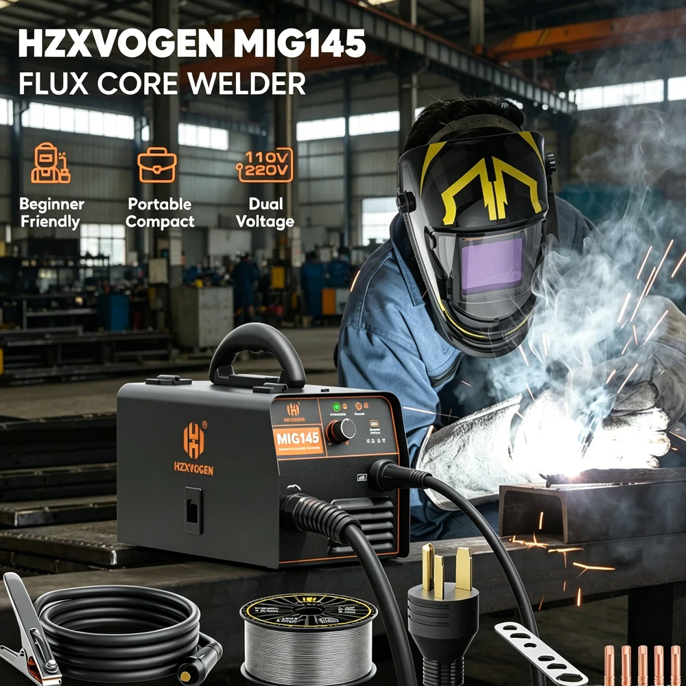 HZXVOGEN MIG145 Gasless Flux Core MIG Welder Dual Voltage 110V/220V Portable Mini Inverter Welding Machine Smooth Wire Feeding Lightweight Beginner Welder for Home DIY Auto Repair Metal Fabrication