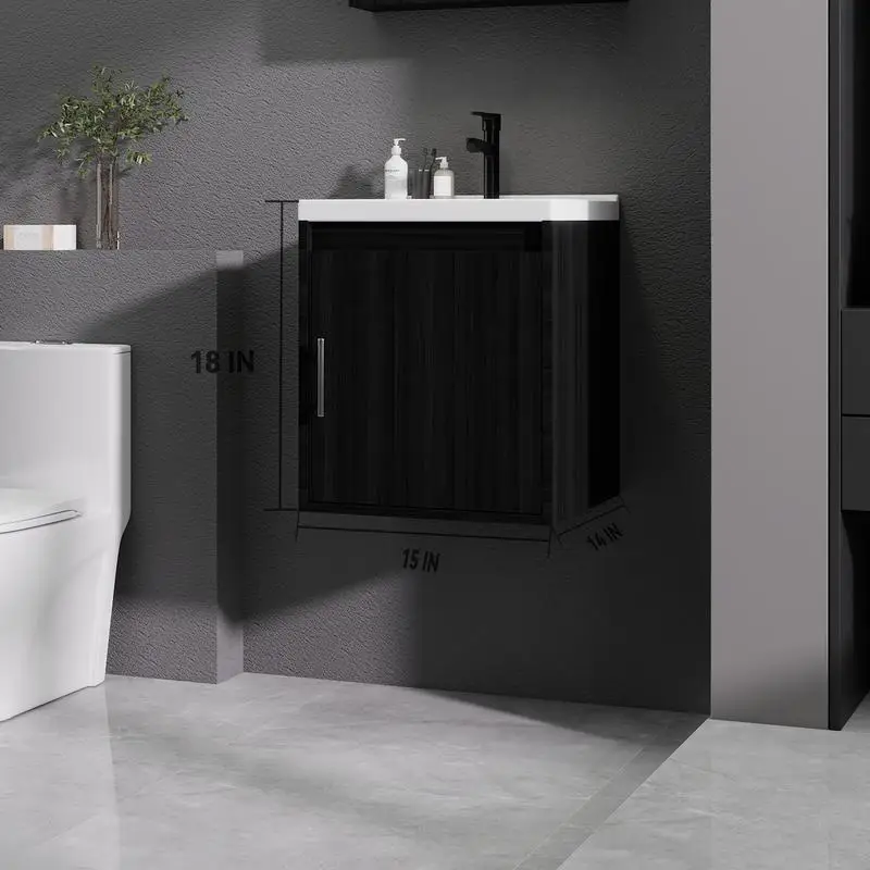 مجموعة حوض استحمام مقاس 16 بوصة مع مجموعة حوض سيراميك وباب مغلق ناعم، مثبت على الحائط، تتضمن استنزاف ومجيدة على شكل حرف P، لمسة نهائية من الكستناء الأسود (لا