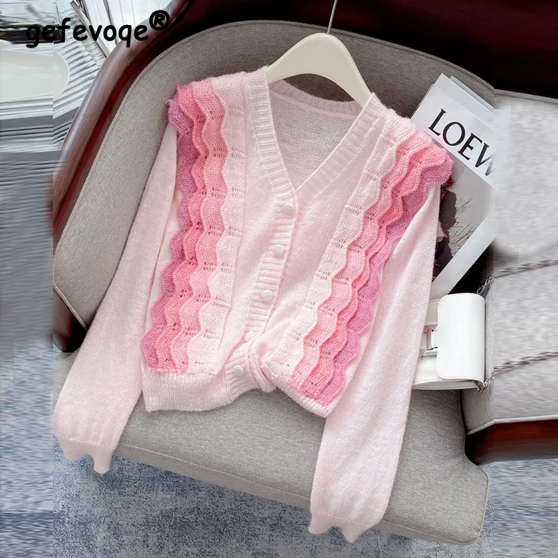 Women Trendy Contrast Color Spliced Chic Sweet Kawaii Knitted Sweaters Autumn V Neck Long Sleeve Loose Single Breasted Cardigan