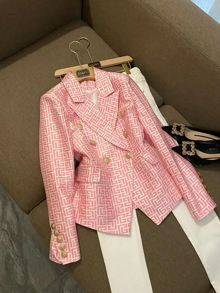 

Faionable Pink Geometric Patterned Slim Fit Suit Jaet Double Breasted A6774 Commute Sle Women's High Quali Outerwear