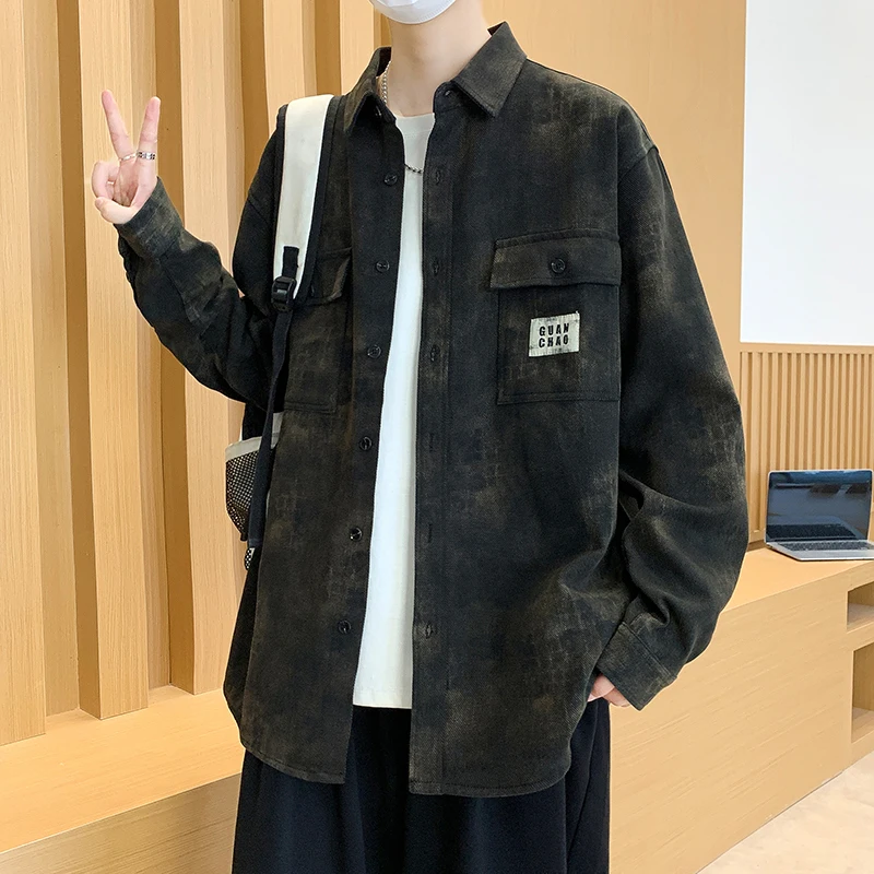 

Loose Long Sve Tie Dye Workwear irt for Men Casual American Sle Spring Autumn Trendy Faion Urban Cotton Polyester