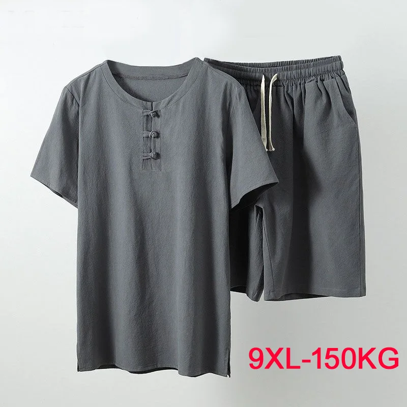 

150KG Summer Men Shirt 5XL 6XL 7XL 8XL 9XL 155cm Plus Size Linen Large Size Shirt With Shorts Men 5 Colors