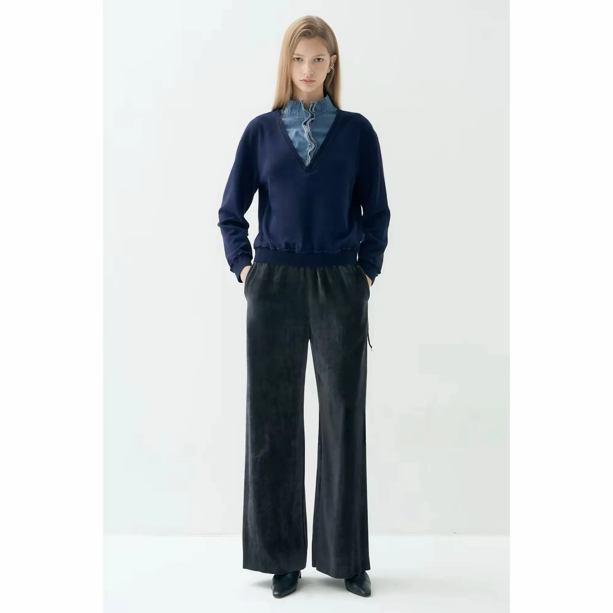 Lemon Cheese LAN26 Autumn Casual Commute Patchwork Knitted V-neck Top Fake Two-Piece Loose Fit Long Sleeve Cotton Blend
