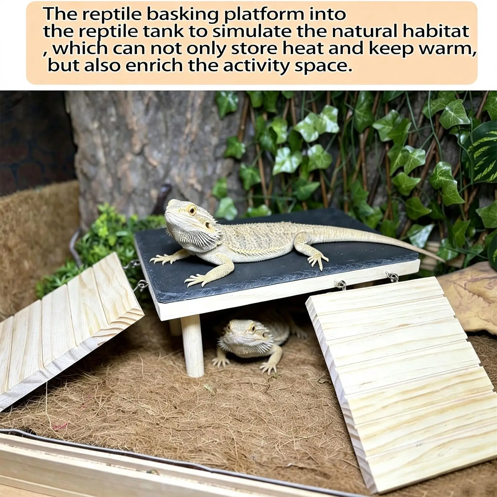 Reptile Dock For Basking Decorative Habitat With Wooden Ramp Leopard Gecko Cave Tank Rock For Lizard Tortoise Chameleon Snake