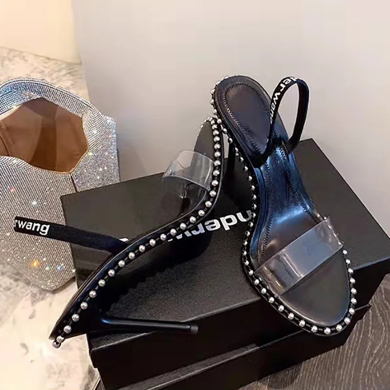 High Heel Sandals 2023 European and American Sexy Rhinester Fine Heel Transparent Leather Sexy One Line with Flip-flops