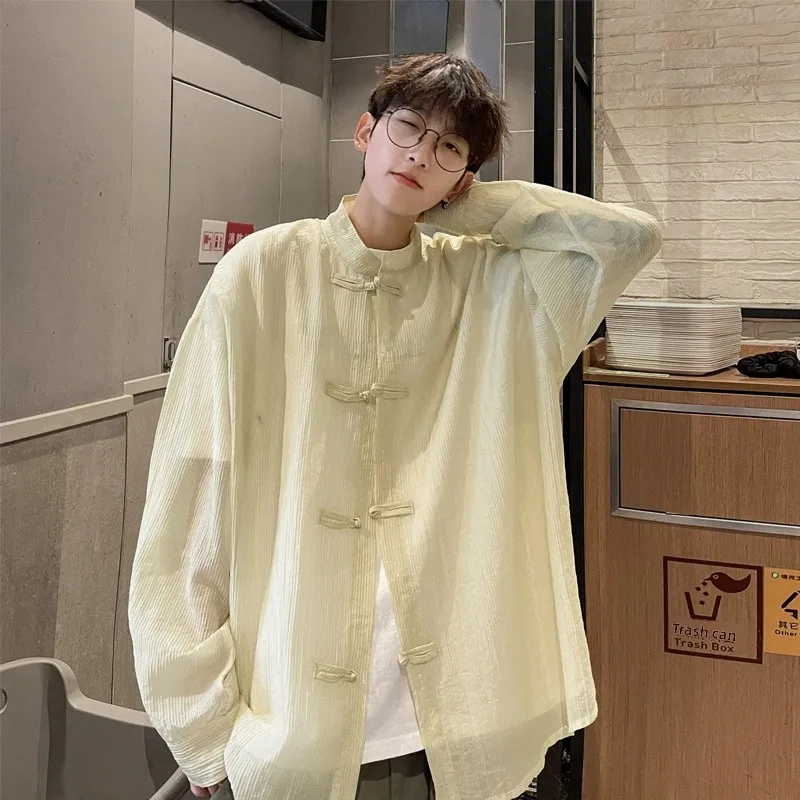 

New Chinese Sle irt Men's Long Sve Thin Summer Sun Protection Outerwear Stand Collar Button up Lightweight Cotton irt