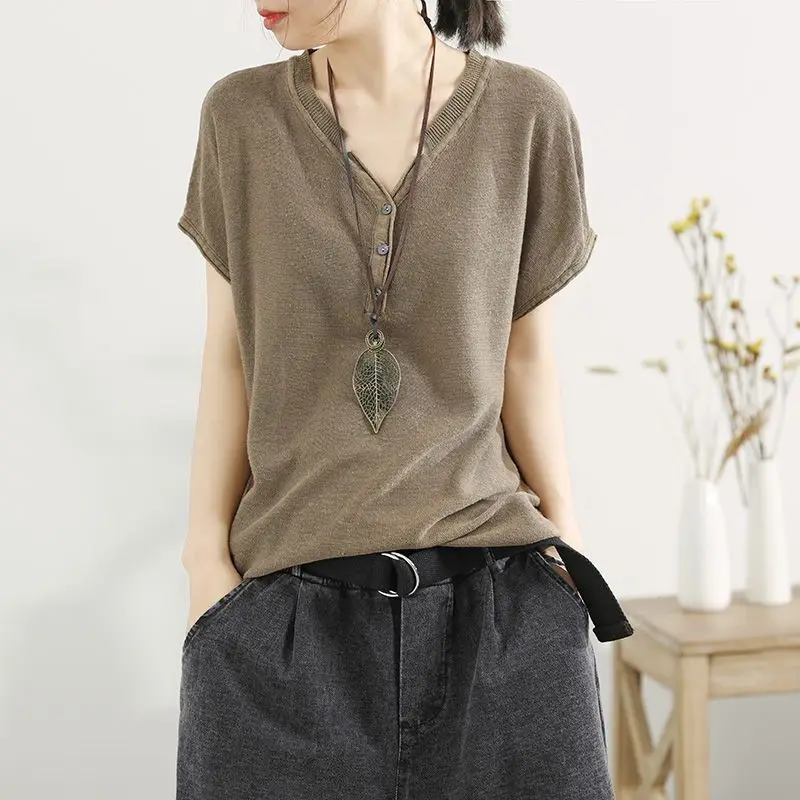 Women Monochromatic V-neck Short Sleeve T-Shirt, Loose Tops, Casual Clothes, Office Lady, All-match, Simplicity, Summer Fashion