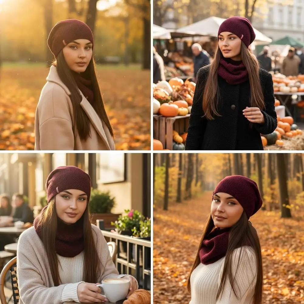 طقم وشاح إنفينيتي من الصوف للنساء وقبعة صغيرة متماسكة مترهل #6