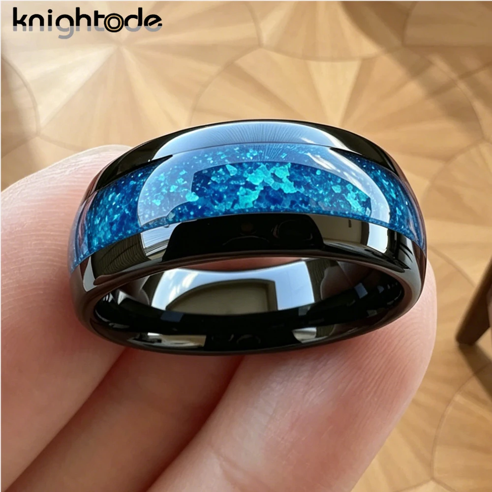 8mm 6mm 4mm Blue Opal Inlay High Polished Tungsten Carbide Rings Wedding Engagement for Men Women Band Dome Comfort Fit view 3