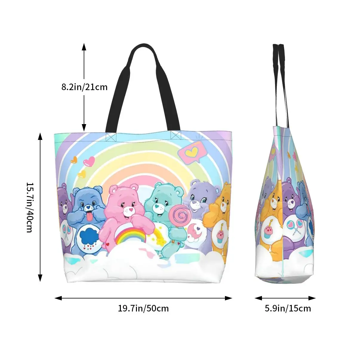 Care Bears Rainbow Bears Group Line Up Cartoon Shopping Tote Bag حقائب كتف من القماش للمتسوقين حقيبة يد للنساء