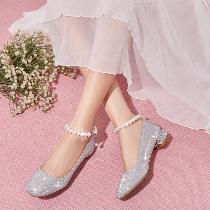 YQBTDL Glitter Bling 2022 Women Pumps String Bead Belt Strap Block Low Heel Little Princess Dress Catwalk Show Shoes Summer New