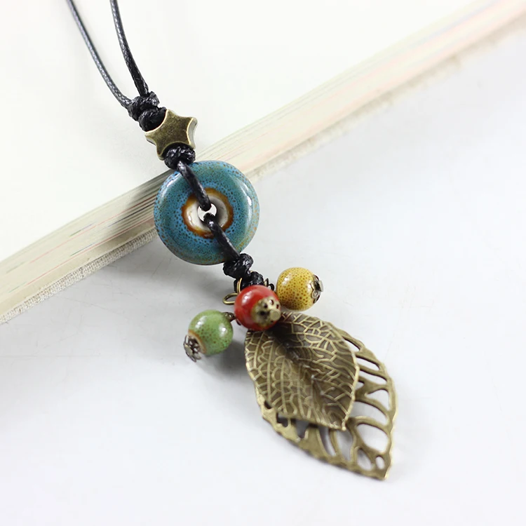 leaves necklace female clothes hang ceramic pendant long sweater chain deserve to act the joker #1065