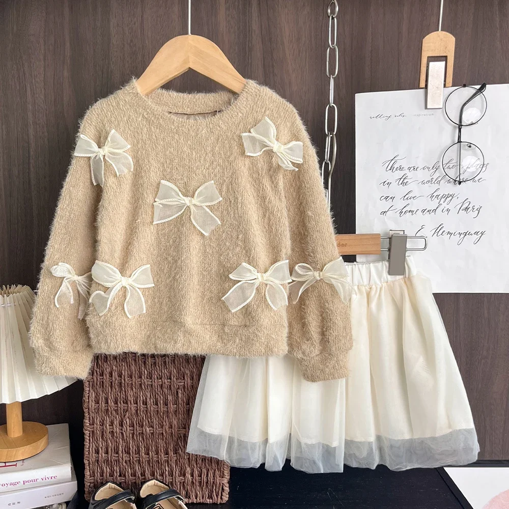 Autumn New Girls Clothes Khaki Bow Long Sleeved Top + White Mesh Skirt European and American Style Children's Two-piece Set