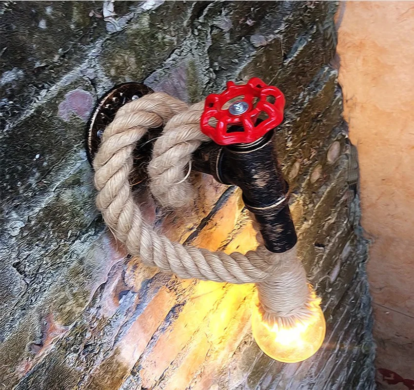 Retro Hemp Rope Water Pipe Wall Lamp Clothing Store Staircase Industrial Decor Hemp Rope Wall Sconces Lamp Luminaria Led Wall