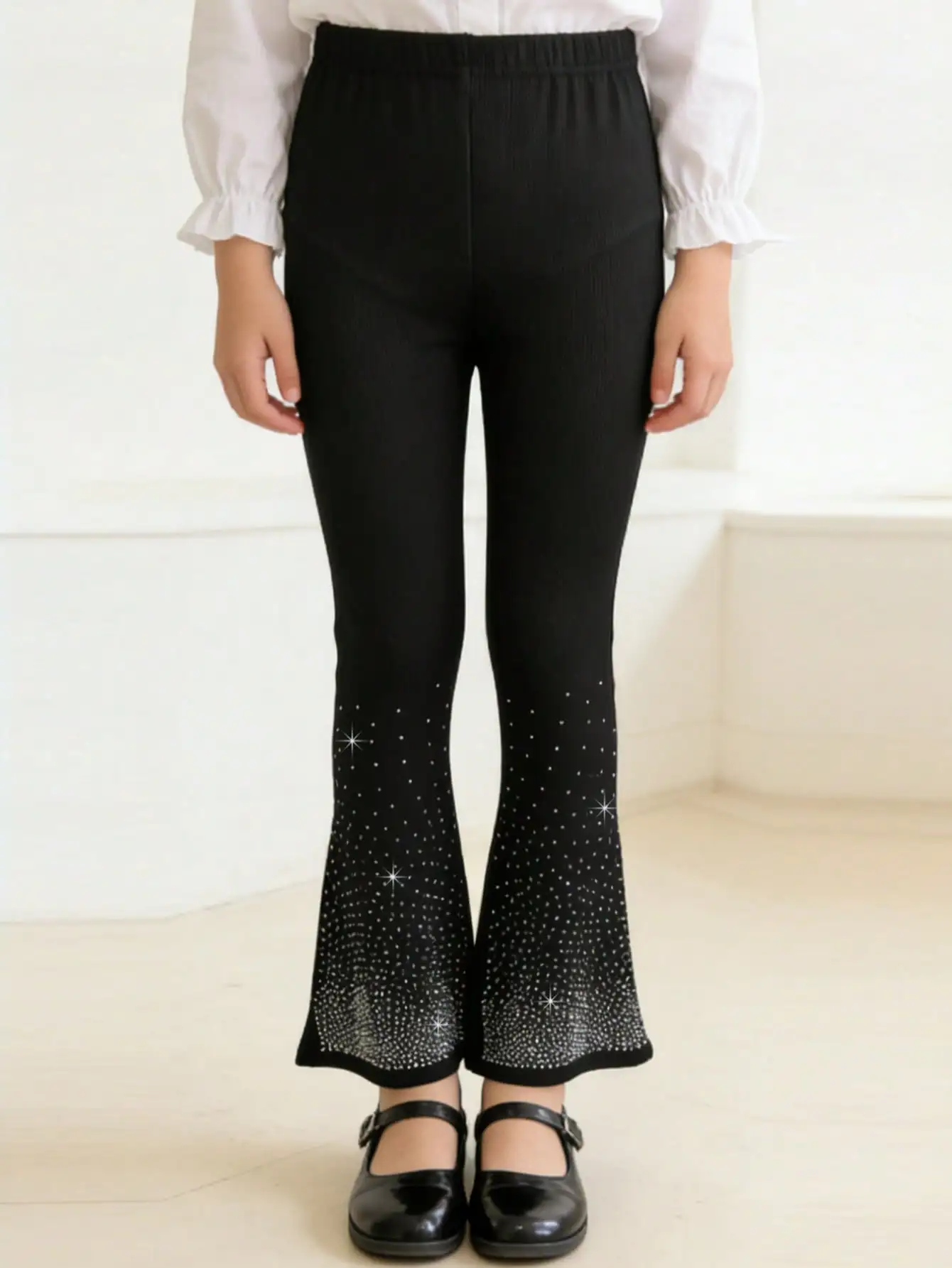 1/3-teilige Mädchen-Hose mit glitzernden Strass-Details, 2–11 Jahre, elastische Taille, Schlaghose, Polyester, Spandex, lässige lange Hose – Detail 4