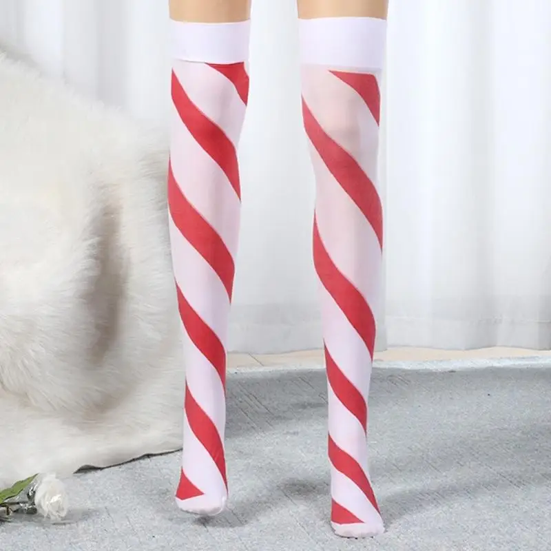 Y1AC Women Christmas Holiday Thigh High Long Socks Bowknot Striped Stockings