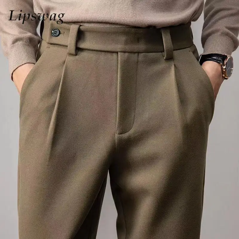 Italian Style Woolen Trousers For Mens 2025 Spring Fashion Slim Straight Trousers Casual Solid Color Pleated Design Suit Pants