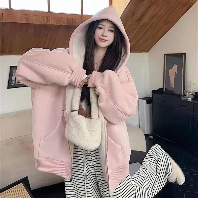 

Зимняя толстая флисовая куртка на молнии, кардиган с капюшоном, плюшевая женская толстовка с капюшоном, синяя, розовая, милая, новая, Harajuku Kawaii, шикарная одежда, пальто