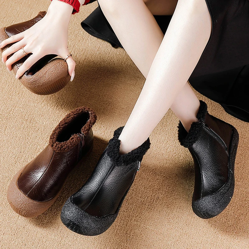 Genuine Leather Warm Cotton Boots Ankle Boots Cowhide Soft Botton  Surface Winter Thick Sole Mother Shoes